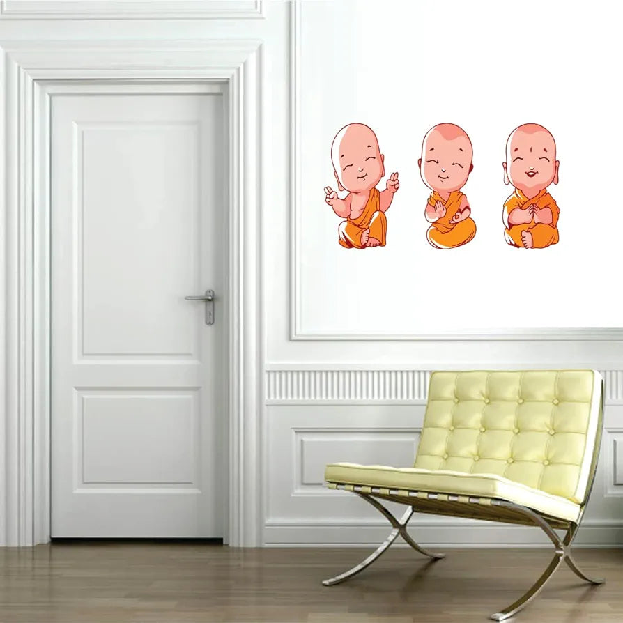 Rangoli Vinyl New Modern Art & Trendy Buddha Design Three Baby Monk Self Adhesive Wall Sticker