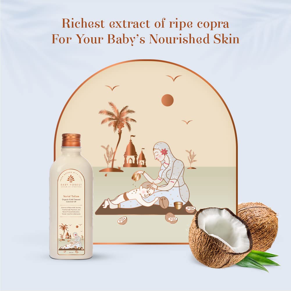 Baby Forest Narial Tailam Organic Cold Pressed Coconut Oil for Baby Skin & Hair Care | 100% Natural & Ayurvedic | Derma Safe & Cruelty-Free | Coconut Oil for Newborn Massage | 200ml