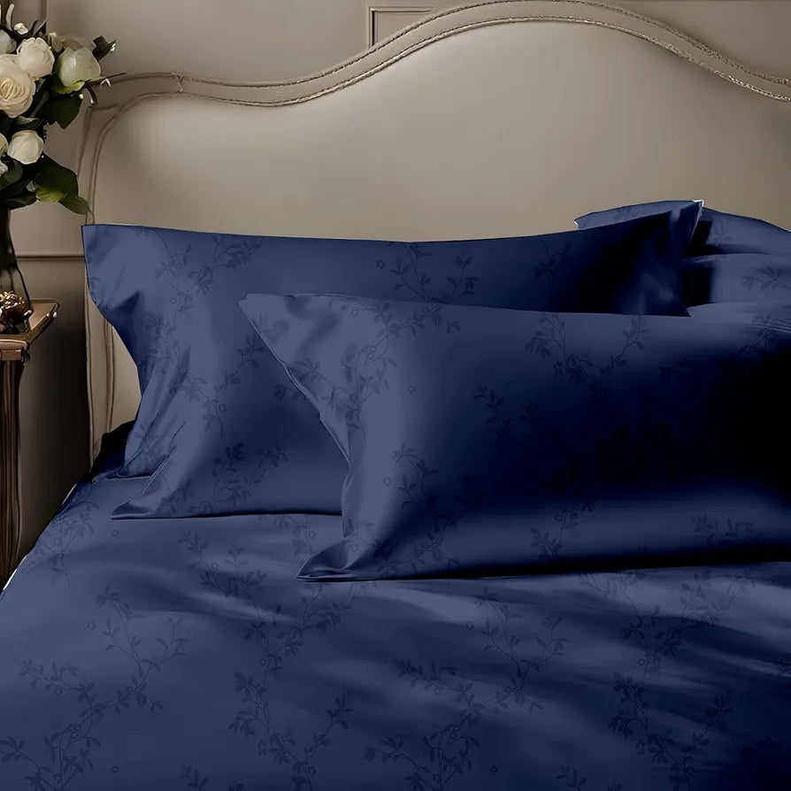 Trance Home Linen 100% Egyptian Cotton300TC Long Staple Jacquard Weave Bed Sheets Elastic Fitted Bedsheet Super Queen Bed Size with 2 Pillow Colour Blue