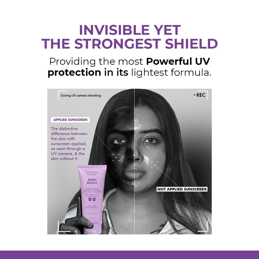 Conscious Chemist® Sunscreen SPF 50 PA++++ In-Vivo Tested | 20g | For Oily Skin, Gel Sunscreen, Niacinamide Sunscreen with Black Berry Extract, Hybrid Lightweight, Water Resistant, All Skin Types - Berry Bright
