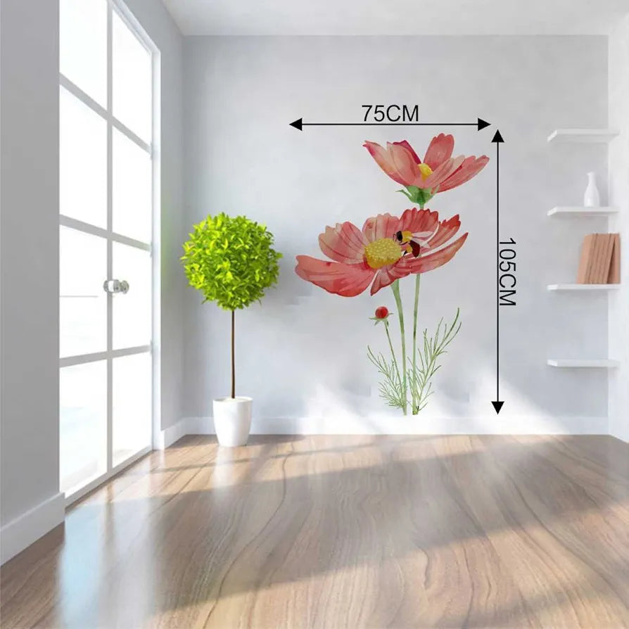 Rawpockets Pvc Vinyl Botanical Honey Bee On Red Flower Wall Reusable Self-Adhesive Sticker