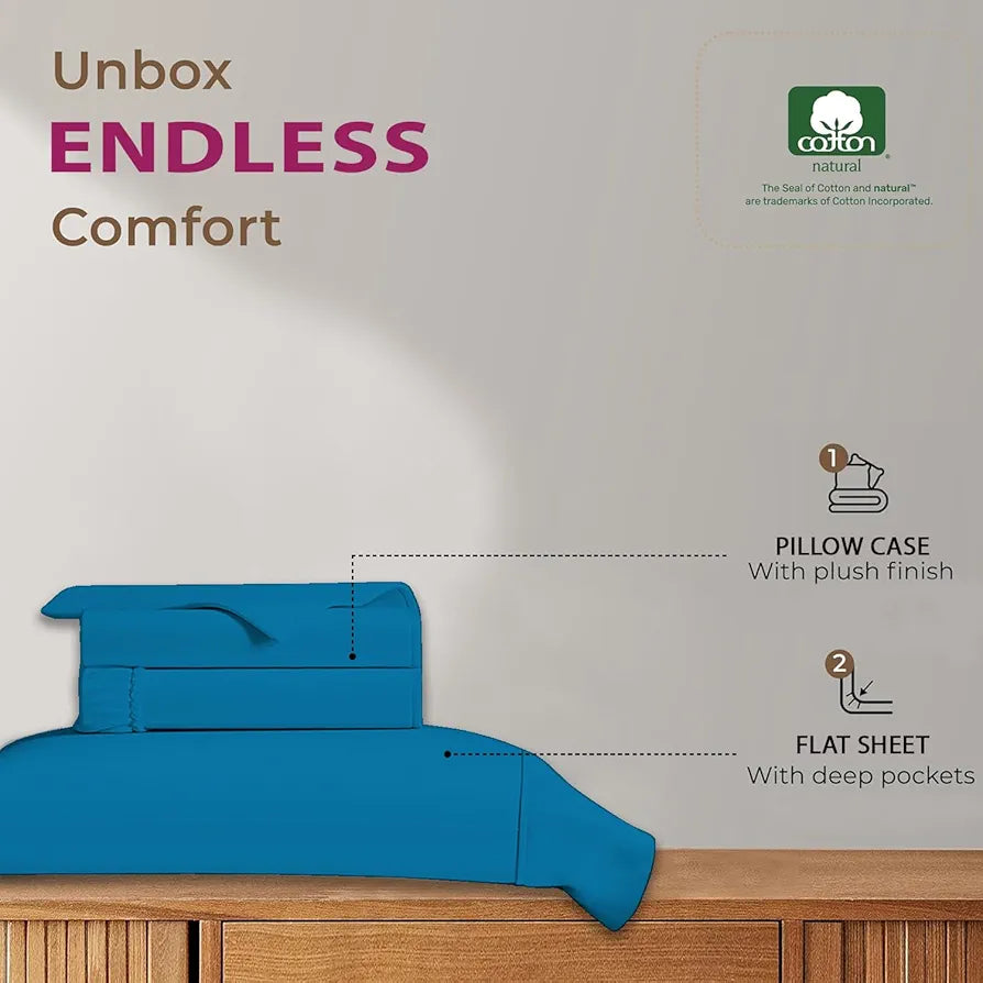 Trance Home Linen 100% Cotton 78x60 inch Queen Elastic Fitted Bedsheet 400TC Premium Queen Double Bed Size with 2 Pillow Covers Colour Peacock Blue