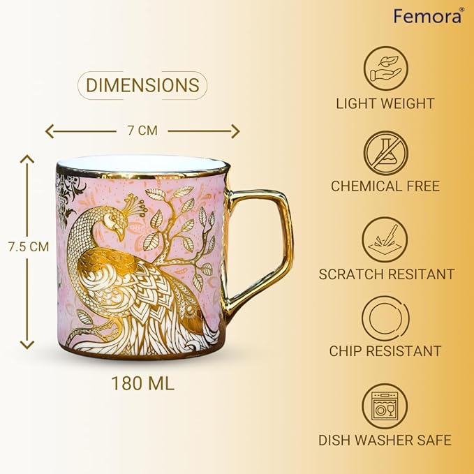 Femora Premium Pink Peacock Pattern Golden Ceramic Coffee & Tea Cup Set of 6 Pink Each - 125 gms