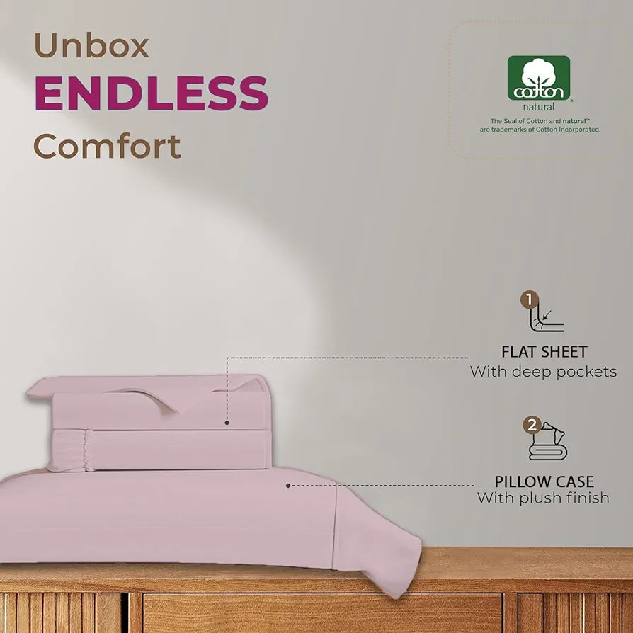 Trance Home Linen 100% Cotton 78 x 60 inch Queen Elastic Fitted Bedsheet 400TC Premium Queen Double Bed Size with 2 Pillow Covers Colour Cameo Rose