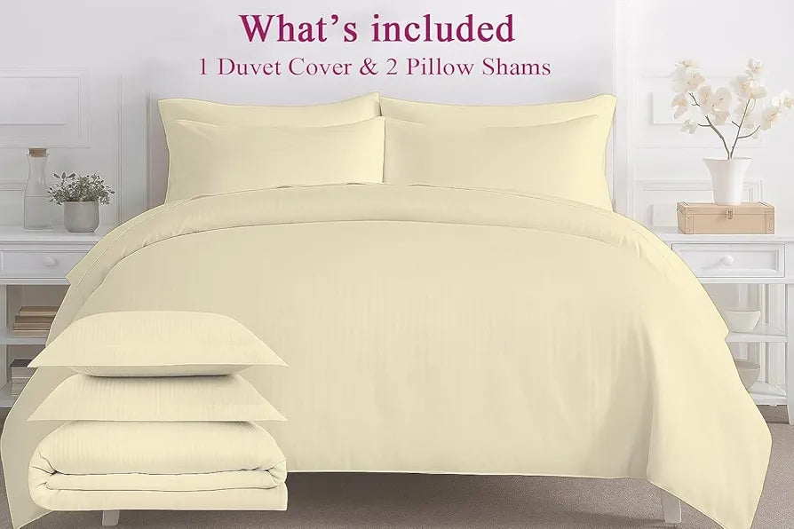 Trance Home Linen Zippered 100% Cotton 200TC Satin Stripe King Size Duvet Cover Quilt Cover Blanket Cover Razia Comforter Cover with 2 Pillow Covers Colour Light Ivory Cream