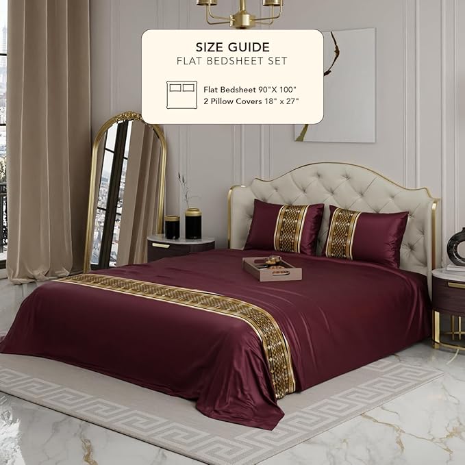 Stoa Paris Bedsheets for Double Size Bed Satin Bedsheet Set with 2 Pillow Covers Colour Royal Treasures-Wine