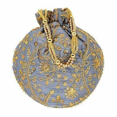 Ethnic Clutch Silk Potli Batwa Pouch Bag with Metal Bead work Gift