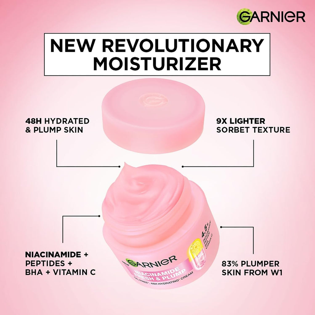 Garnier Fresh & Plump Niacinamide Sorbet Moisturizer Cream, 4.5% Niacinamide + Peptide + BHA + Vitamin C, 9x Lighter Sorbet Texture, For Hydrated and Plump Skin, Suitable for Oily to Normal & Combination Skin, 90g