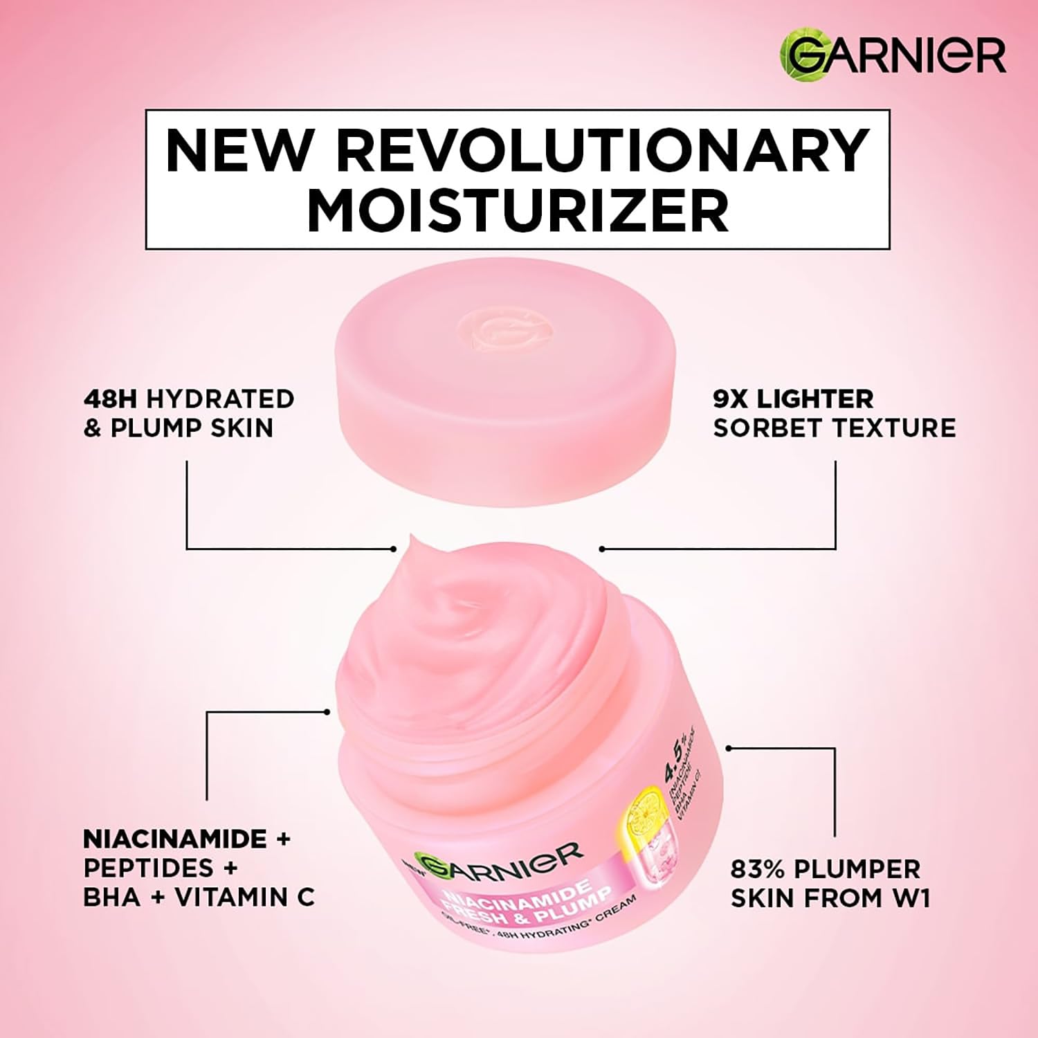 Garnier Fresh & Plump Niacinamide Sorbet Moisturizer Cream, 4.5% Niacinamide + Peptide + BHA + Vitamin C, 9x Lighter Sorbet Texture, For Hydrated and Plump Skin, Suitable for Oily to Normal & Combination Skin, 90g