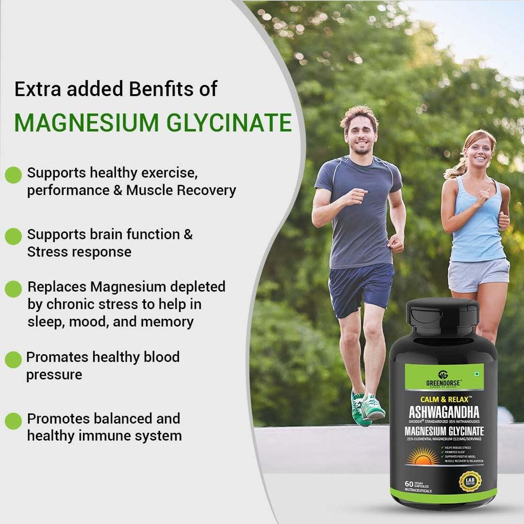 GREENDORSE Premium Shoden Ashwagandha 35% Withanolides with High grade Magnesium Glycinate & Probiotics- Calm & Relax™| For Stress Support, Calm & Relax Mind, Muscle recovery, Vitality Support - 60 Veg Capsules