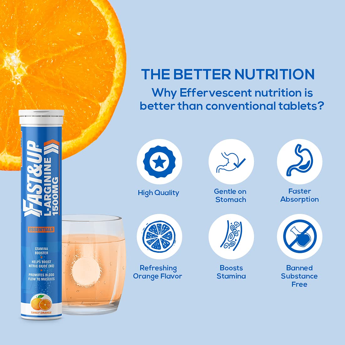 FAST&UP L-Arginine Essentials 1500 mg, Effervescent L-Arginine Supplement, Refreshing Orange Flavour, Boosts Stamina and Nitric Oxide (NO), Delays Onset of Fatigue â€“ Pack of 20 Effervescent Tablets