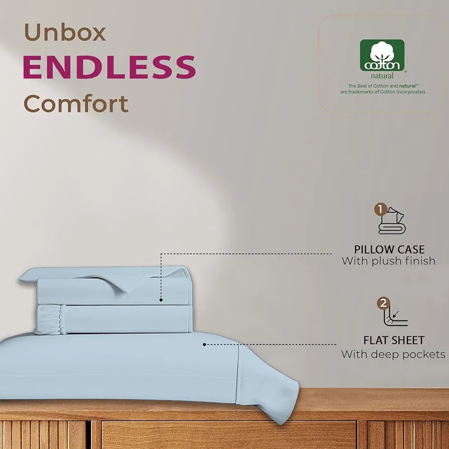 Trance Home Linen 100% Cotton 78x60 inch Queen Elastic Fitted Bedsheet 400TC Premium Queen Double Bed Size with 2 Pillow Covers Colour Sky Blue