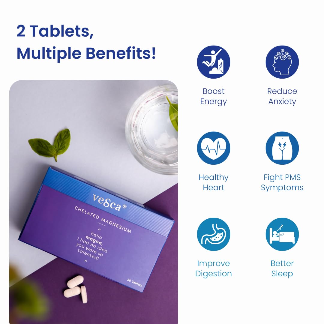 Vesca Chelated Magnesium Glycinate, Citrate, Oxide | Improve Sleep | Stress Relief | High Absoprtion Triple Magnesium Complex for Men & Women | 100% Plant Based & Vegetarian | 340mg_30 Tablets