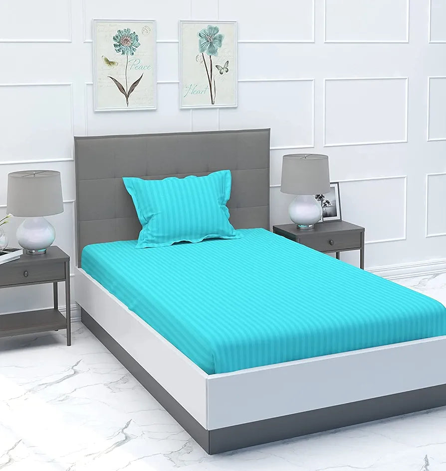 Purav Light Microfiber Flat Single Bed Bedsheet Plain Striped Cotton Bedsheet with 1 Pillow Cover for Queen Size Bed 340 TC Breathable Wrinklefree Feroji Color