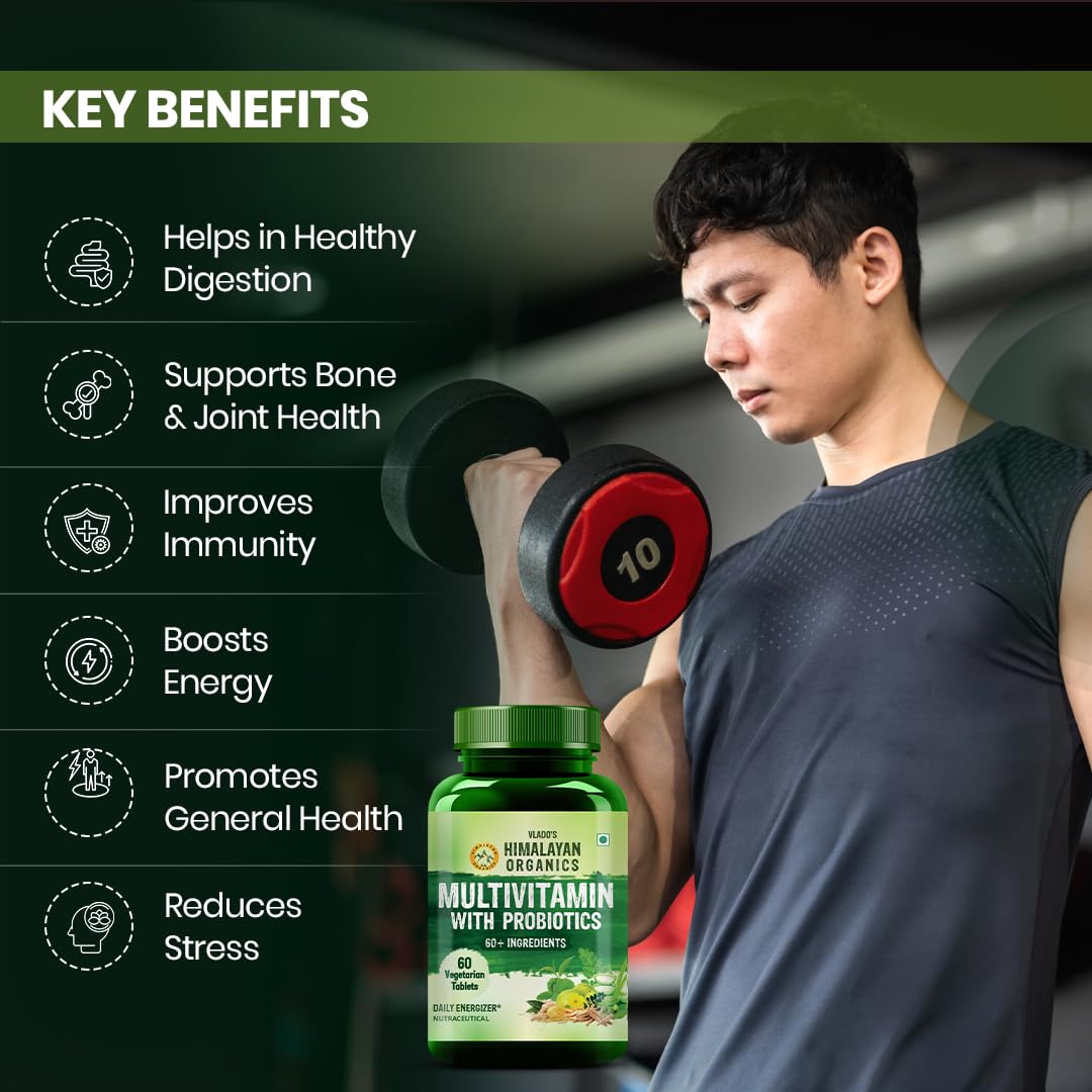 Vladoâ€™s Himalayan Organics Multivitamin Tablets for Men & women With Probiotics - 60+ Ingredients multi Vitamins Supplement For Men And Women | VItamin B1,B2,B3,B5,B6B9,B12,C,E,A,K2,D Magneisum with 5B CFU Probiotic Blends 60 Veg Tablets