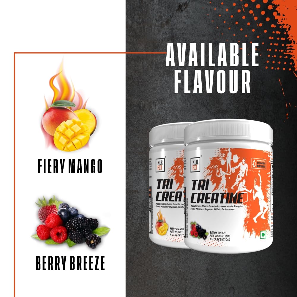 Tri Creatine Powder I Muscle Growth Supplement I 200 Gm I 40 Servings I Boosts Athletic Performance I Fiery Mango Flavour