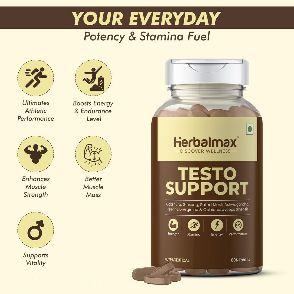 Herbalmax Testo Support Testosterone Supplement | With Gokshura, Safed Musli, L-Arginine & Ashwagandha | Natural Testosterone Booster for Strength, Stamina, Performance & Energy â€“ 60 Tablets