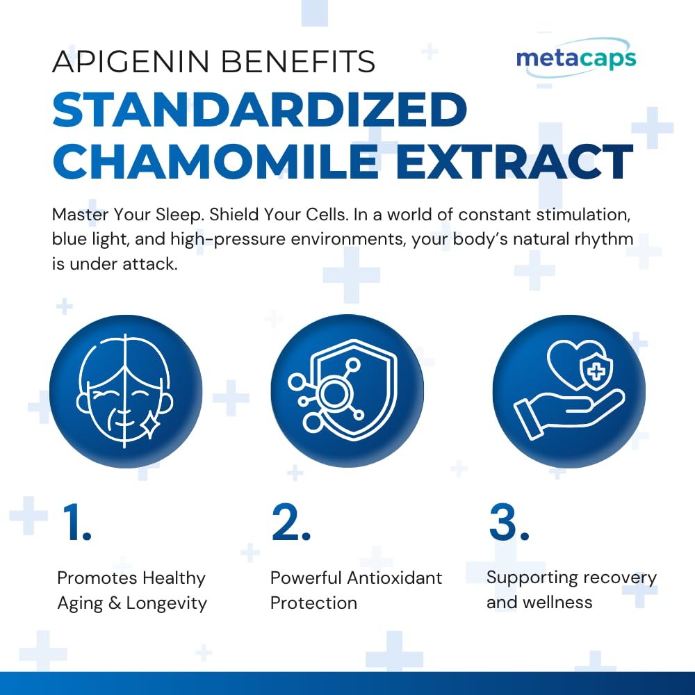 MetaCaps High-Purity Apigenin – 90 Veg Capsules | Standardized Chamomile Extract | Bio-Enhanced with Black Pepper for Maximum Absorption | Natural Sleep Support & Nighttime Recovery | Supports NAD+ Levels & Cellular Aging | Non-GMO & Vegan