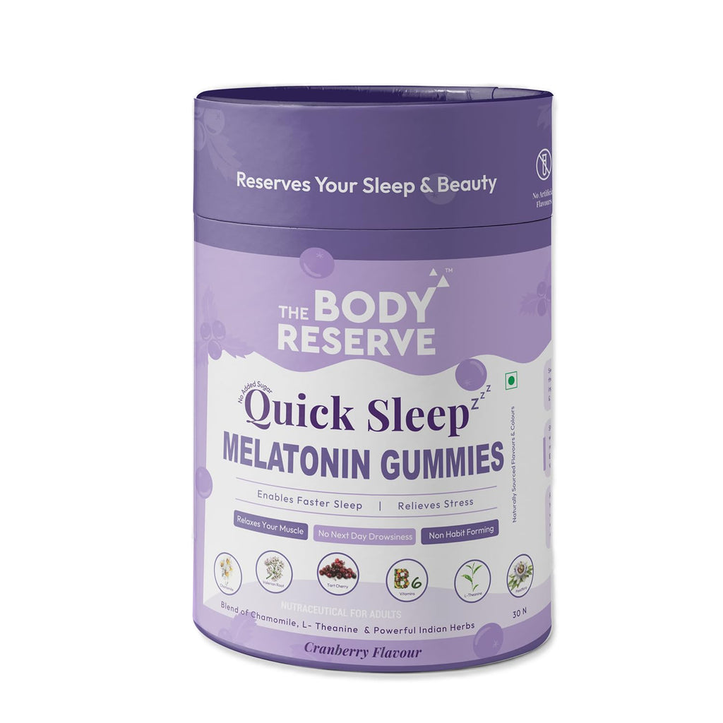 The Body Reserve Quick Sleep Melatonin Gummies For Natural Sleep Aid For Muscle Recovery,Nerve Relaxation & Relieves Stress Vegan,Gluten-Free,Non-Addictive Cranberry Flavours,30 Gummies,No Added Sugar