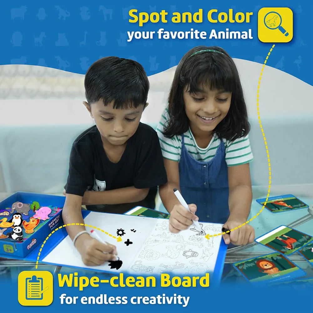 Funtad Magnetic Fun Art Puzzle Animals 4-in-1 Travel Friendly Educational Toy with Writable Board 50 Magnetic Pieces Birthday Gift for Boys & Girls Age 3,4,5 & 6 yrs