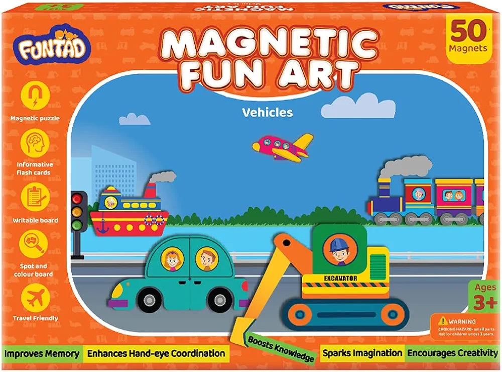 Funtad Magnetic Fun Art Puzzle Vehicles 4-in-1 Travel Friendly Educational Toy with Writable Board 50 Magnetic Pieces with for Boys & Girls Age 3,4,5 & 6 yrs