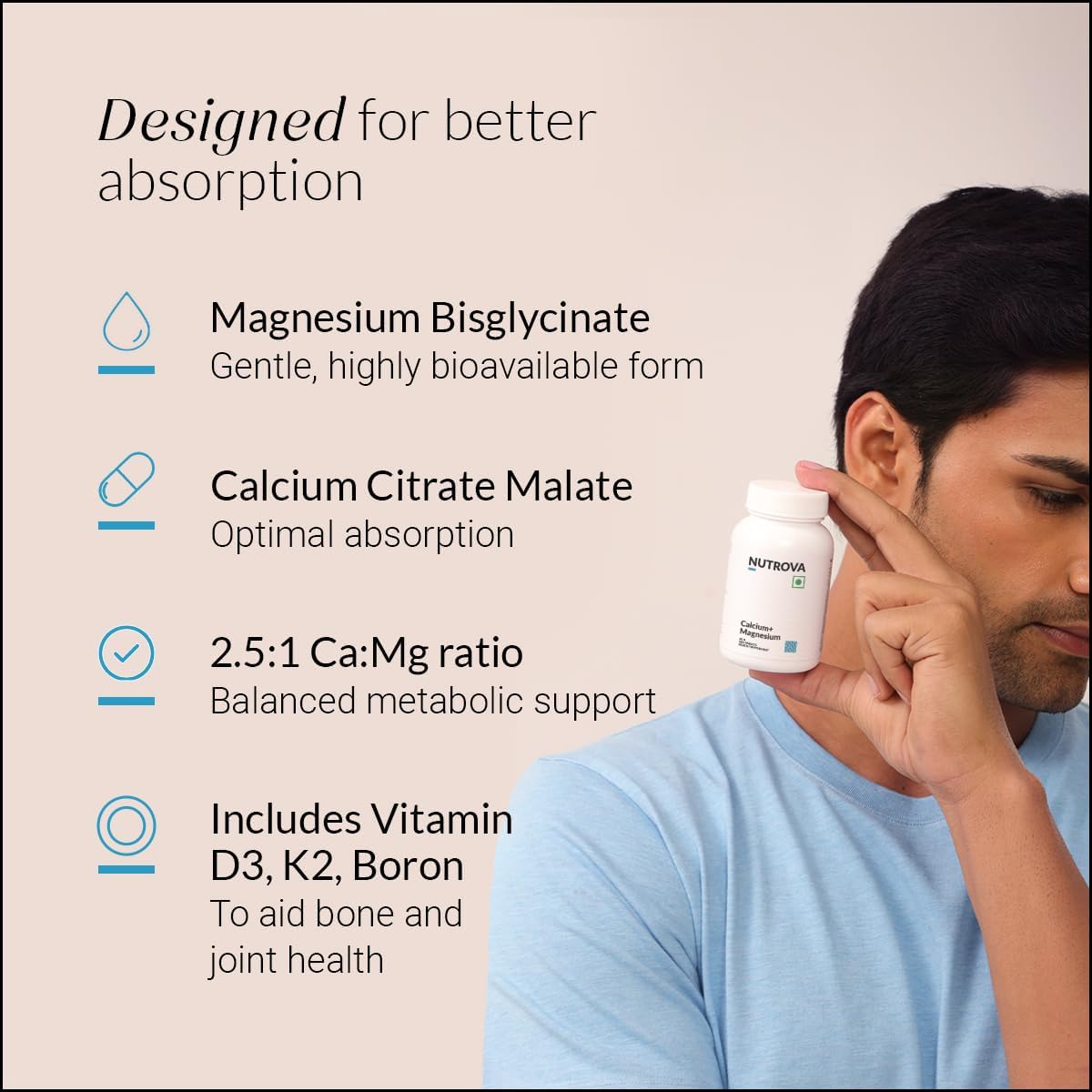 Nutrova Calcium+Magnesium | With Vitamin D3, K2-MK7 & Boron | Boosts Bone Strength, Joint & Muscle Health | High Absorption with Calcium Citrate Malate & Magnesium Bisglycinate | 60 Veg Tablets.