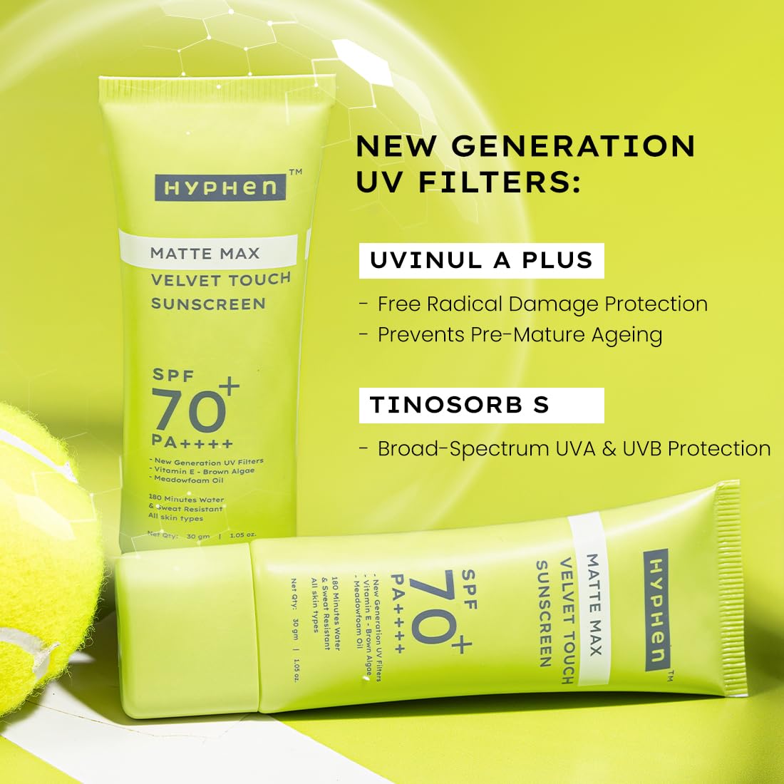 Hyphen Matte Max Velvet Touch Sunscreen Spf 70+ Pa++++|Sun Protection|Sun Shield|Moisturizes And Soothes Skin|12 Hrs Uva-Uvb Protection|Sunscreen Spf No White Cast, Combination & All Skin Types-30G