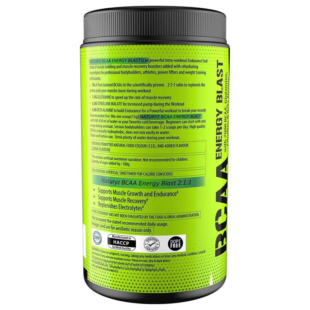 NATURYZ BCAA Energy Blast Pre Intra Post Workout Supplement With 7000 BCAA | Glutamine | Citrulline | Beta-Alanine for Muscle Recovery | Power & Energy-450 Grams(Guava Flavor)