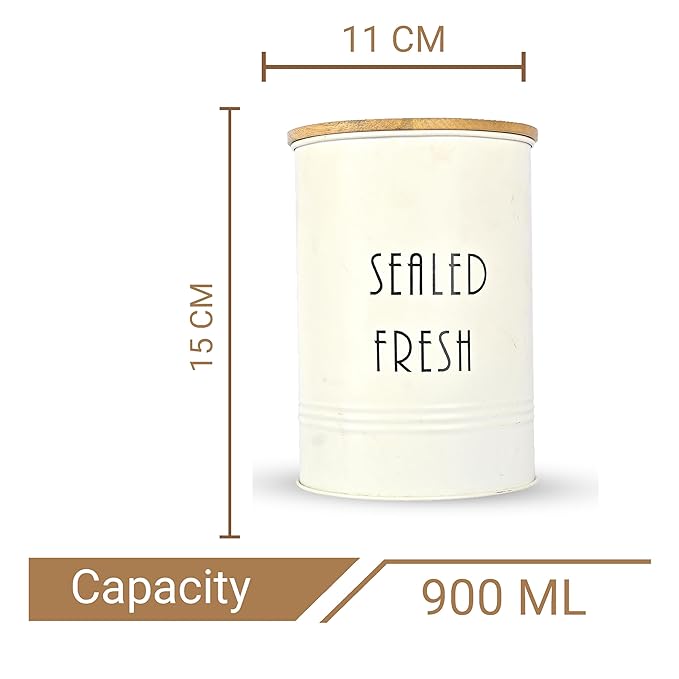 Femora Kitchen Storage Jars Tin Jar With Wooden Lid Air Tight Jar | 900 Ml | Set of 2