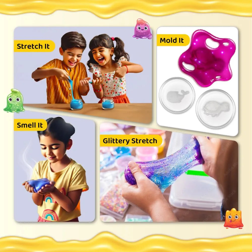 PW Slime Kit for Kids 3 to 10 Years – 6 Fruit-Scented Colourful Slimes with Moulds, DIY Sensory Play, Soft & Non-Toxic, Birthday Gift for Boys & Girls