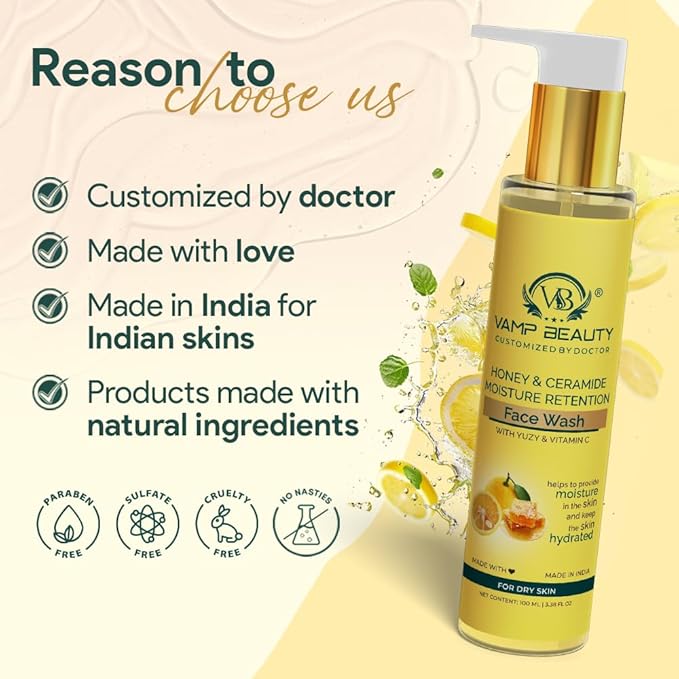Vamp Beauty Honey & Ceramide Moisture Retention Face Wash With Goodness of Yuzu & Vitamin C - 100 Ml