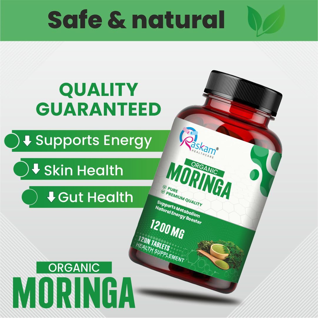 Organic Moringa Tablet with 1200mg Leaves Extract | Powder Tablets for Immunity, Digestion & Energy | Organic Leaves 120 Tablets