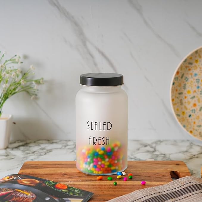 Femora Kitchen Storage Jars Frosted Glass Jar With Steel Lid Air Tight Jar | 1500 Ml | Pack of 2 | Black Lid