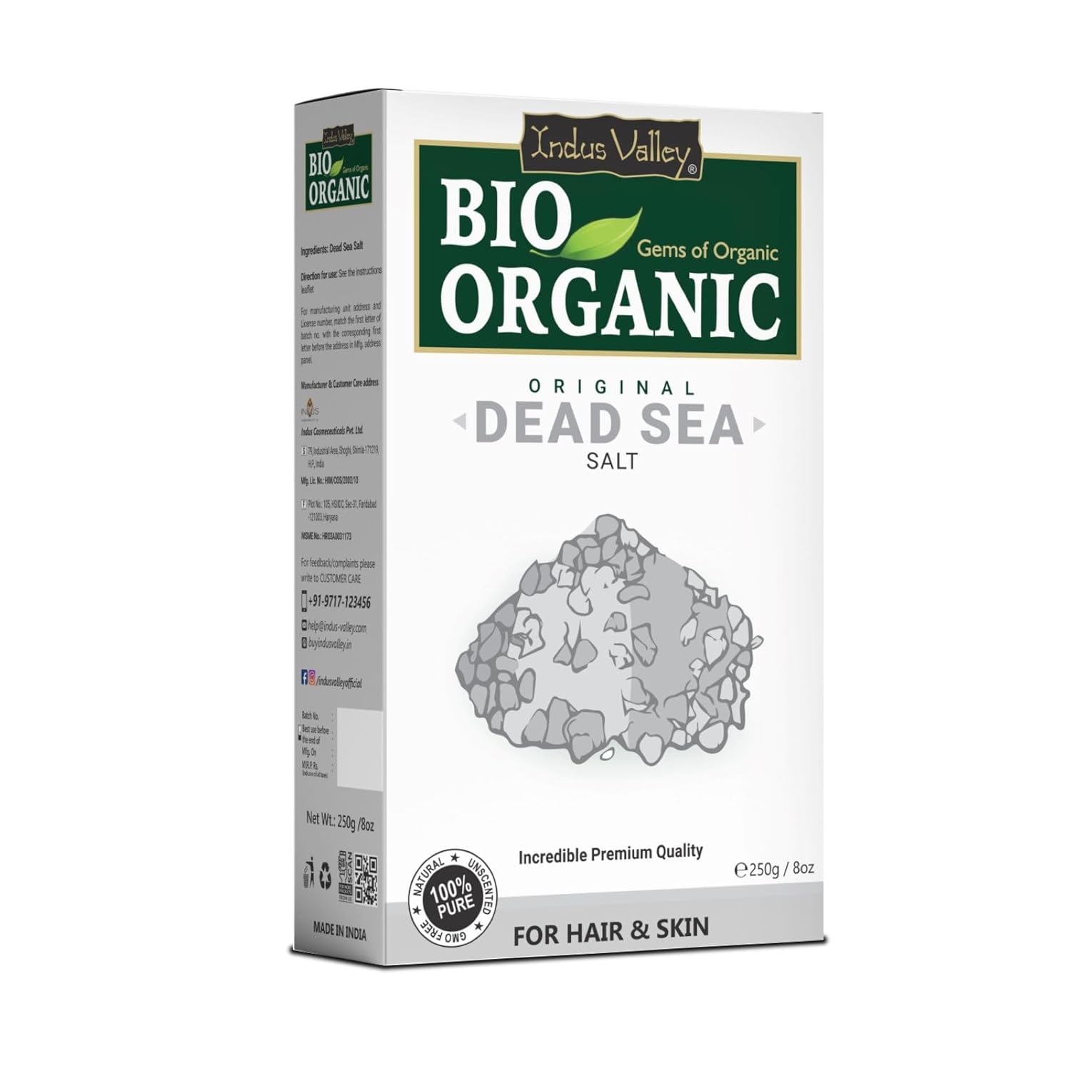 INDUS VALLEY Bio Organic 100% Natural Dead Sea Salt for Skin Healing, Detoxifies Skin, Stimulate Hair Growth and Hydration (250g)