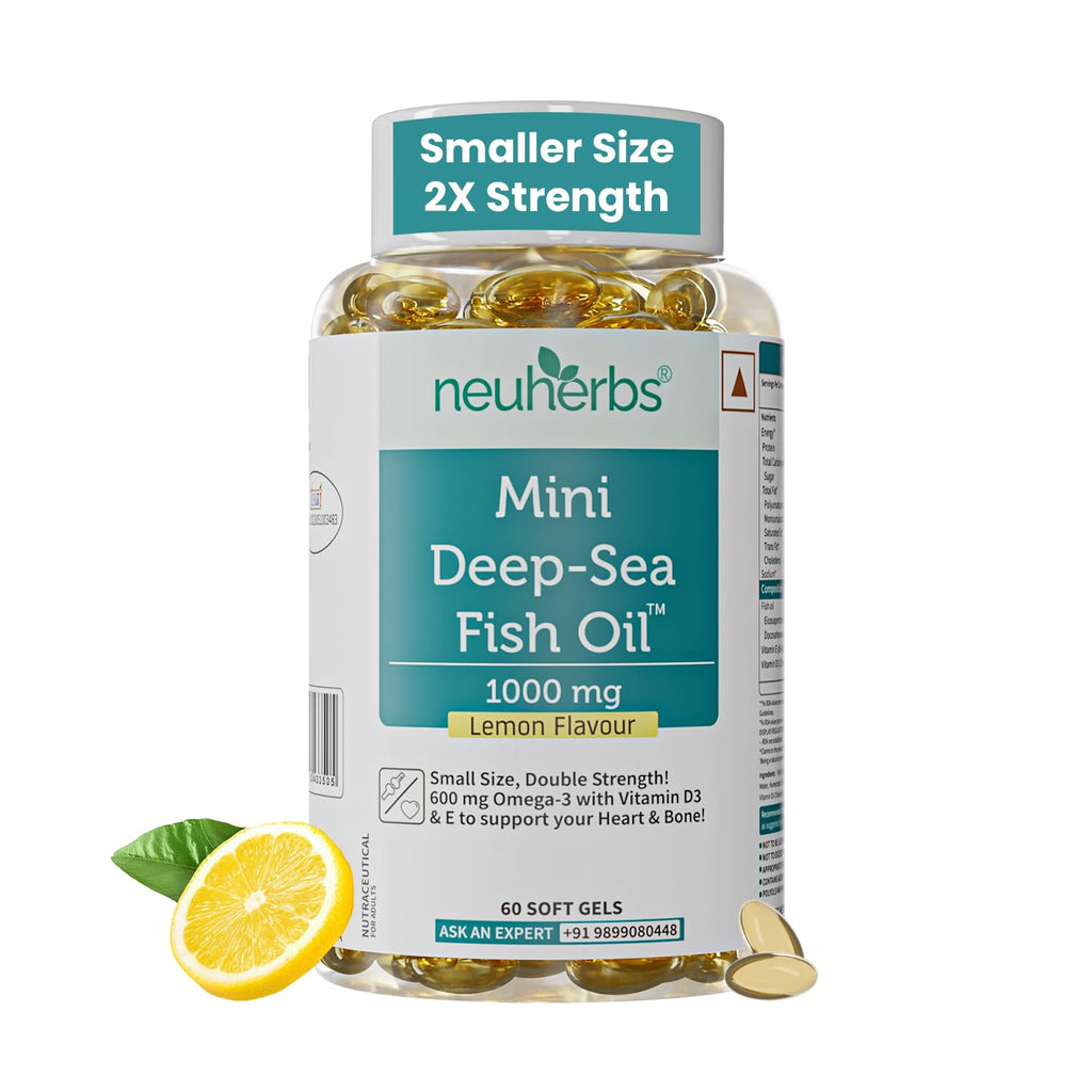 Neuherbs Mini Deep Sea Omega 3 Fish Oil Capsules 1000mg Supplement | EPA - 360mg, DHA - 240mg | With Vitamin E & D3 | Suppots Heart, Brain, Muscle & Joint Health| Lemon Flavour - 60 Softgels