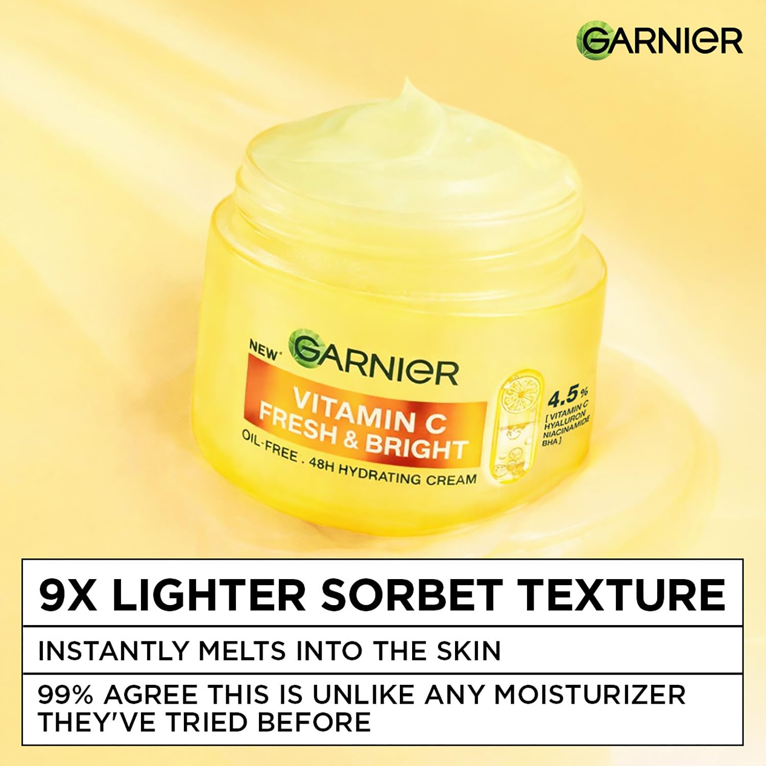 Garnier Fresh & Bright Vitamin C Sorbet Moisturizer, 4.5% Vit C + Hyaluronic Acid + Niacinamide + BHA, 9x Lighter Sorbet Texture, For Hydration & Dark Spot Reduction, Suitable for Oily to Normal & Combination Skin, 90g