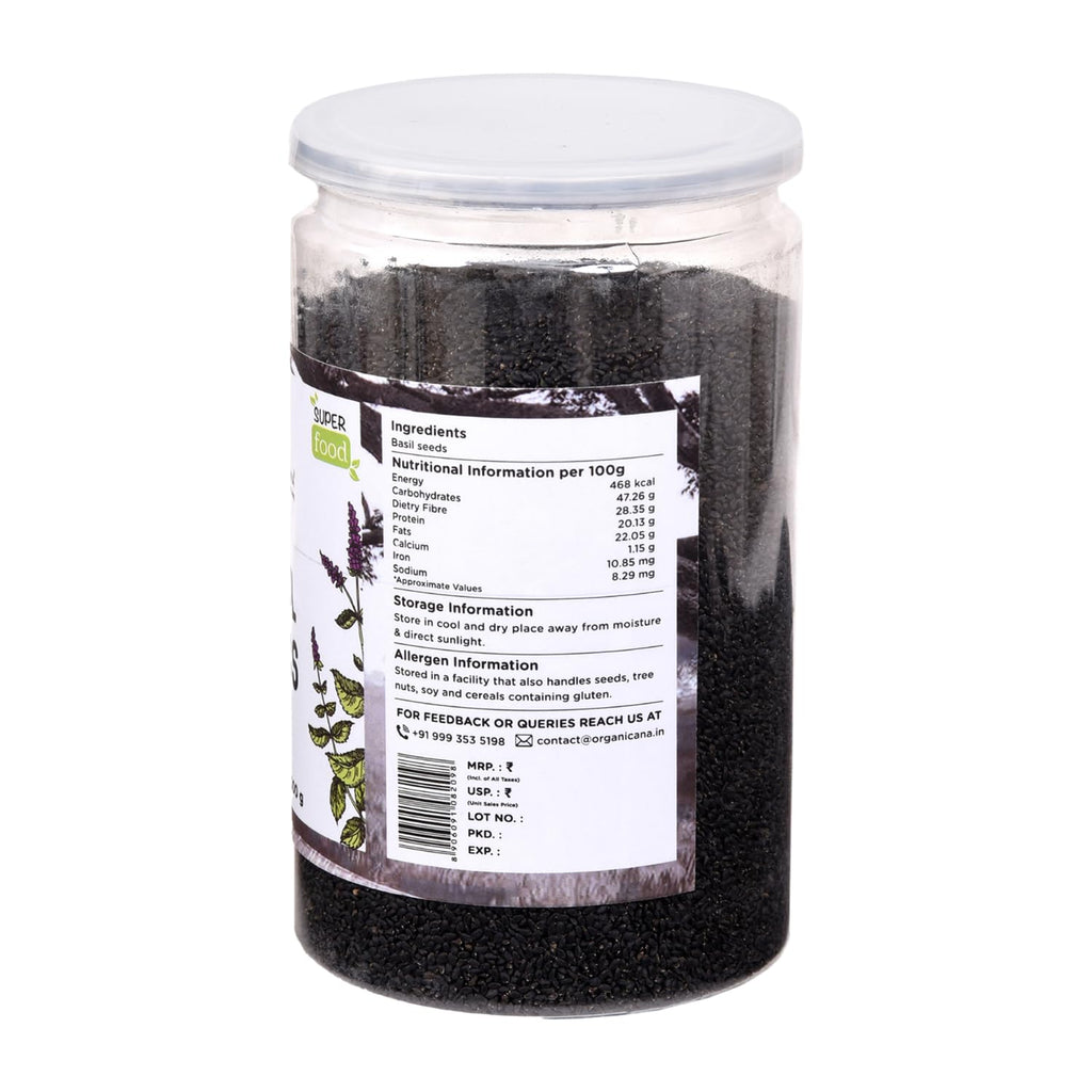Organicana Basil Seeds 500gm (Pack of 1) Sabja Seeds - Beat the Summer Heat Nutrient-Rich, Pure Basil Seeds For Healthy Drinks, Smoothies, And Recipes Tukmaria Seeds for Weight Management