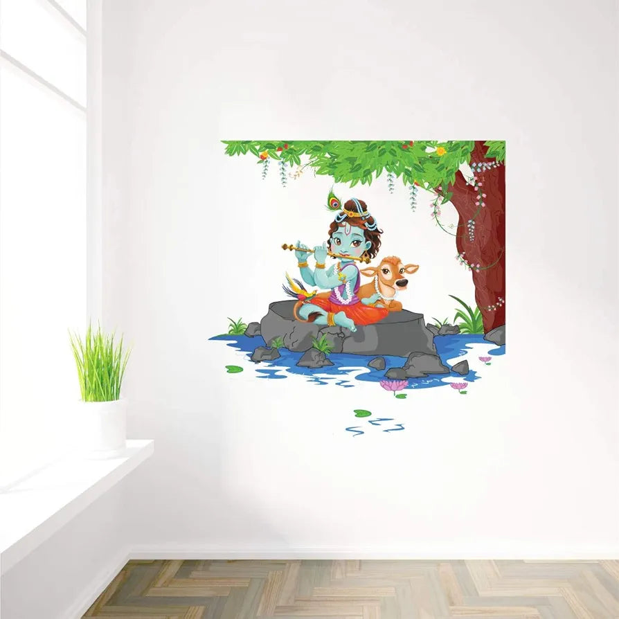 Rawpockets Wall Decals Lord Krishna Playing Flute Wall Stickers PVC Vinyl Multicolour -Self-Adhesive