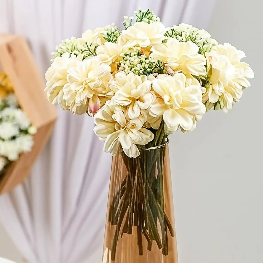 Artificial Dahlia Flower Bunch – 7-Stem Faux Bouquet Realistic Fabric Flower Arrangement Off White