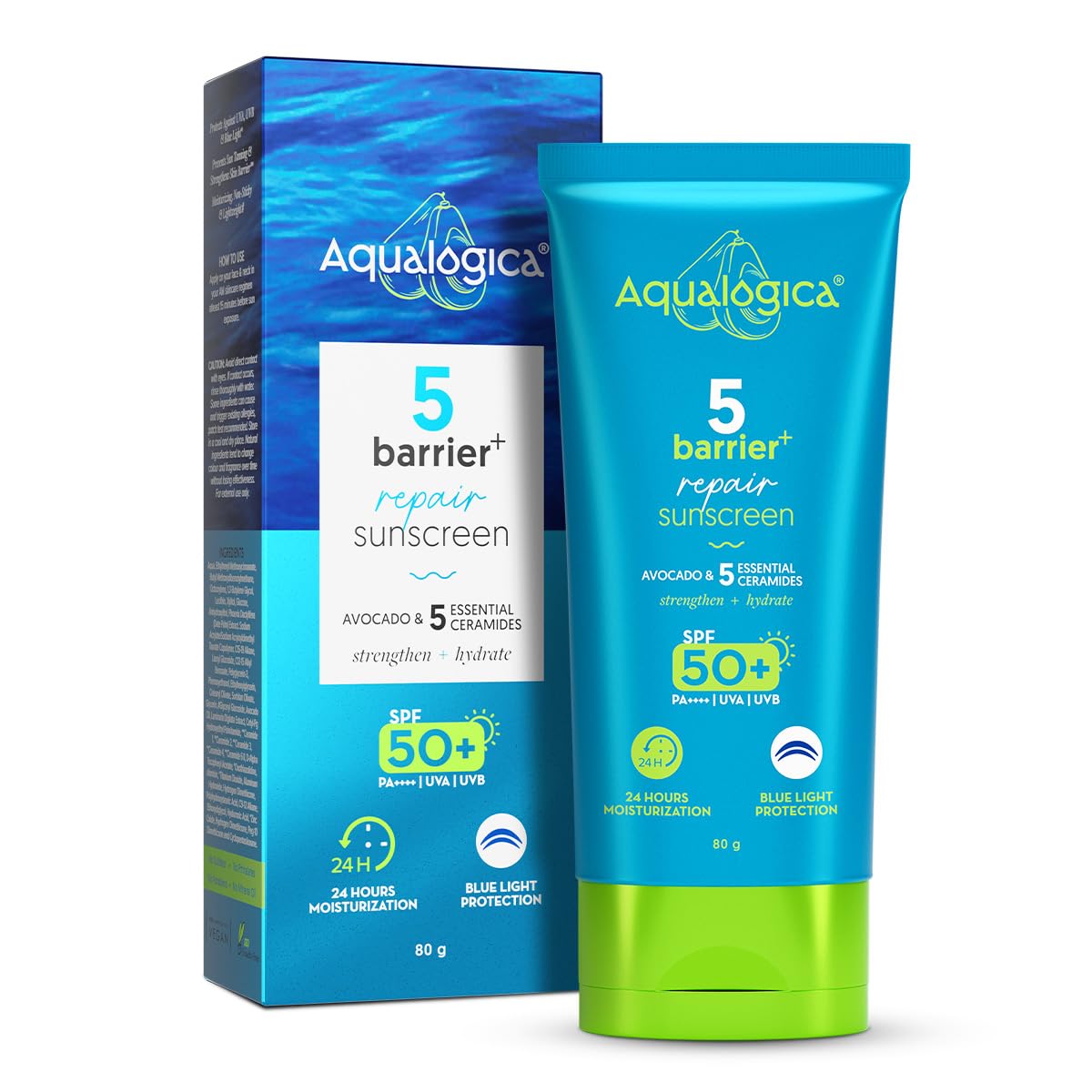 Aqualogica 5 Barrier+ Repair Sunscreen with Avocado & 5 Essential Ceramides | SPF 50 PA++++ | UVA/B & Blue Light Broad Spectrum Protection | Strengthens Skin Barrier | 24 Hr Moisturization | Fragrance Free | 80 g