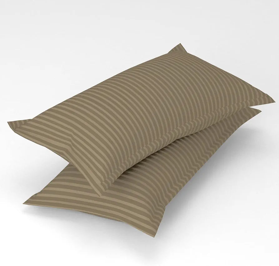 Homefab India 160 TC Stripe Cotton Feel Glace Cotton Elastic Fitted King Size Double Bed Bedsheet with 2 Pillow Covers Fits Upto 6 inches Mattress Beige