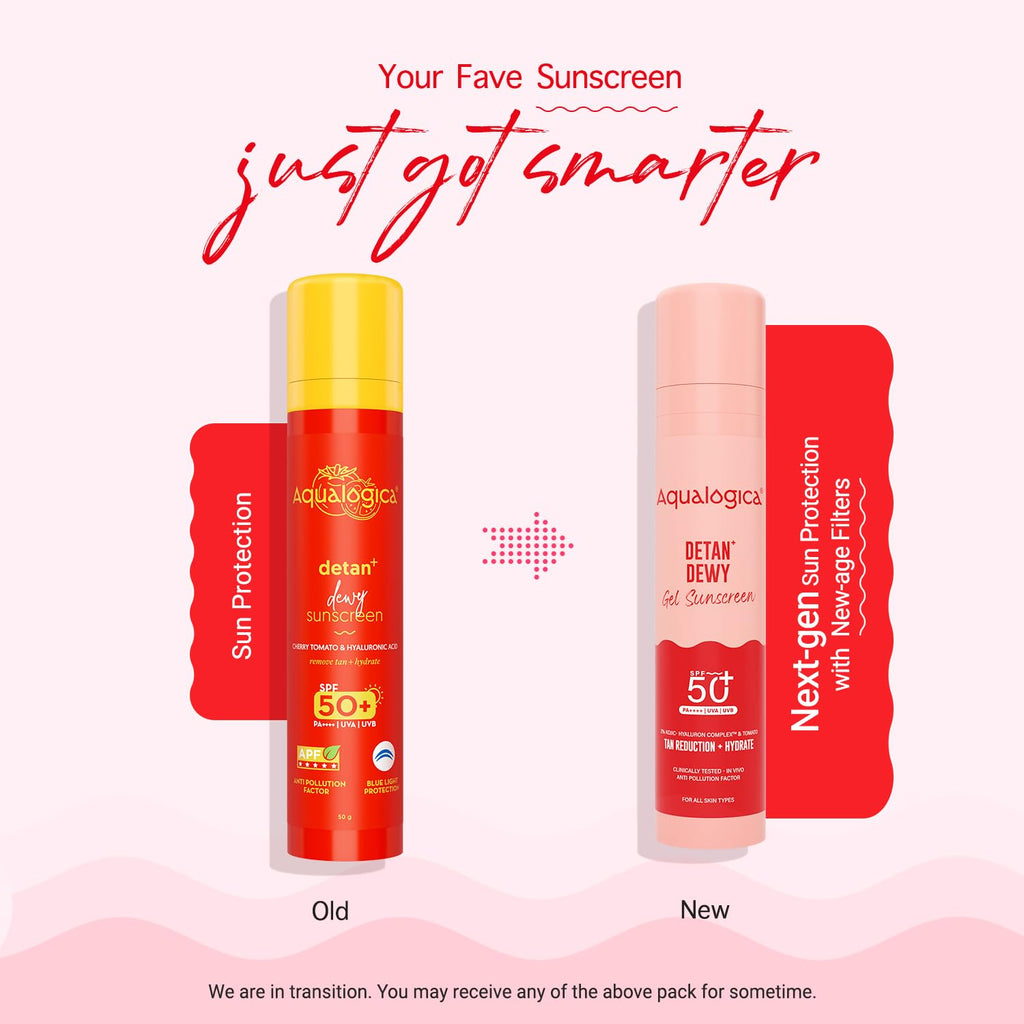 Aqualogica Detan+ Dewy Gel Sunscreen SPF 50+ PA++++ with 2% Kojic-Hyaluron Complex & Wild Berries, 50g | Broad Spectrum UVA/UVB & Blue Light Protection | No White Cast | Fragrance-Free | Lightweight | Hydrating | For Men & Women