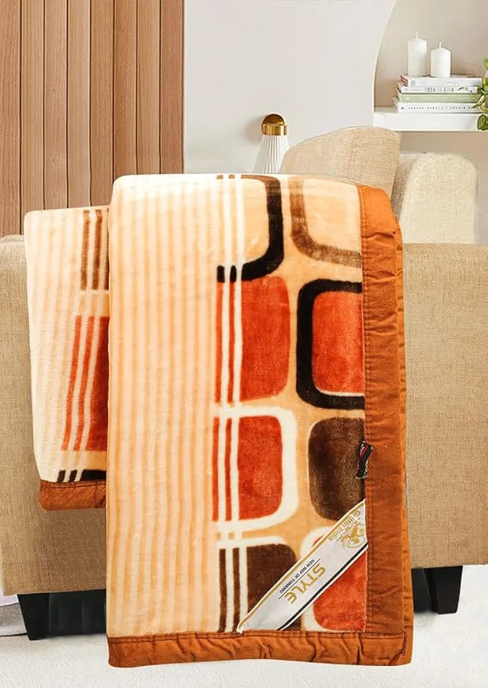 Homekart Super Soft Cloudy Printed Single Bed Blanket for Heavy Winter Single Ply Mink Blanket King Size TC - 400 Beige Brown & Green