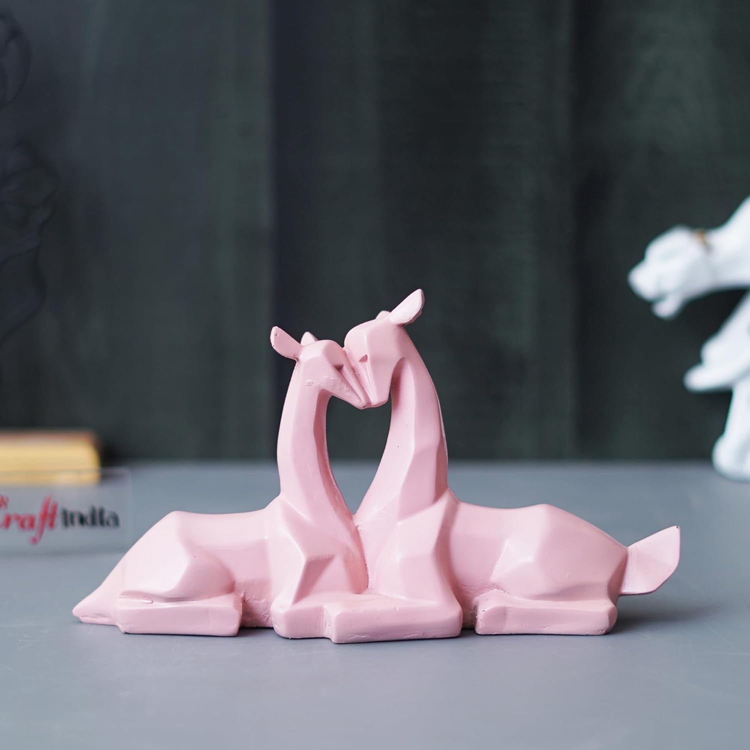 Ecraftindia Set of 2 Pink Polyresin Geometric Hugging Deer Statue Decorative Showpiece
