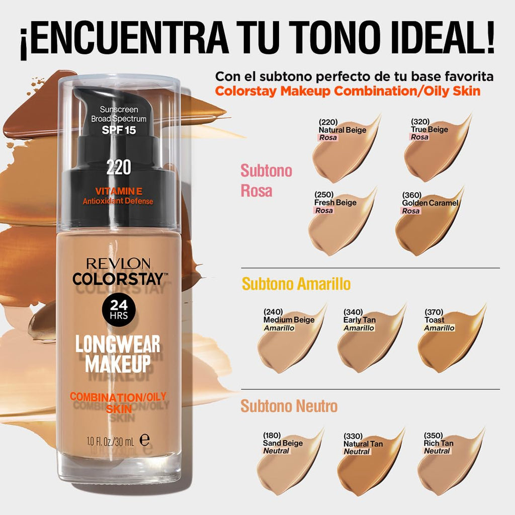Revlon Liquid Foundation, ColorStay Face Makeup for Combination & Oily Skin, SPF 15, Medium-Full Coverage with Matte Finish, Golden Caramel, 30 ml