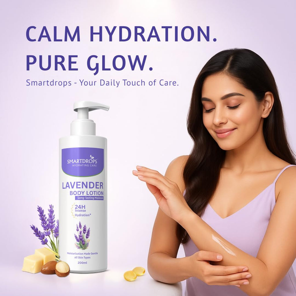 Smartdrops Lavender Body Lotion | Lavender Moisturizing Body Lotion | Shea butter & Lavender 24-Hour Moisture Skin Care | Lightweight & Non-Greasy | Suitable For All Skin Types, 200 ml (Pack of 1)