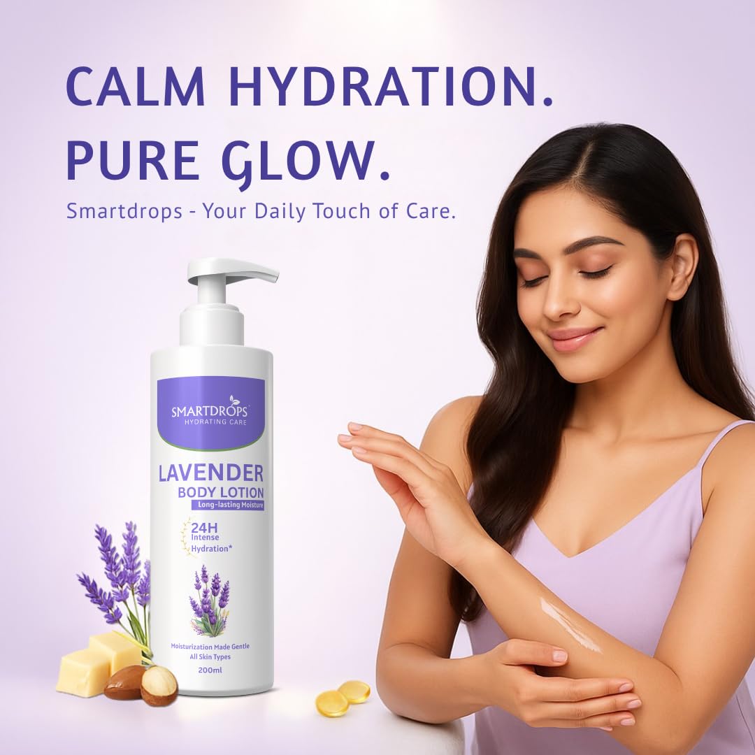Smartdrops Lavender Body Lotion | Lavender Moisturizing Body Lotion | Shea butter & Lavender 24-Hour Moisture Skin Care | Lightweight & Non-Greasy | Suitable For All Skin Types, 200 ml (Pack of 1)