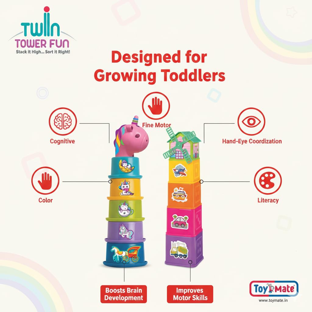 Toymate Twin Tower Fun 3-in-1 Stacking & Sorting Toy for Toddlers
