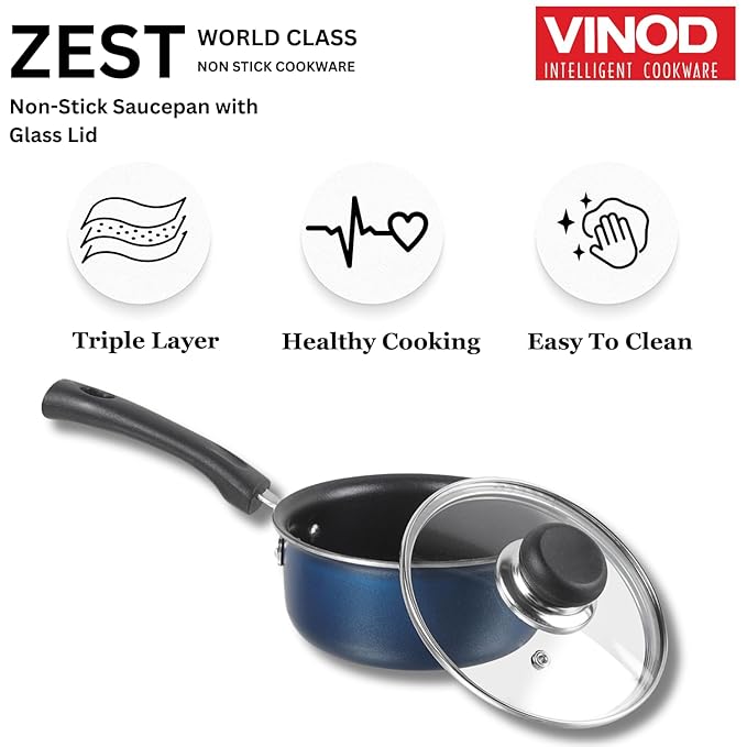 Vinod Zest Aluminium Non Stick Saucepan With Glass Lid - 1.4 Litres | 14cm | Milk/tea Pan | Sauce Pot With Lid | 3mm Thick | 3 Layer Coating