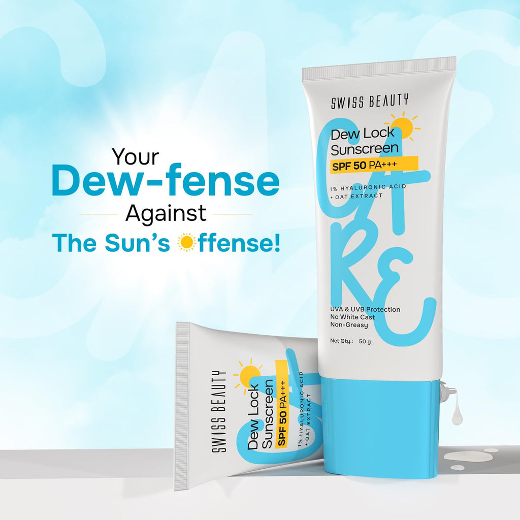 Swiss Beauty Care Dew Lock Sunscreen | SPF 50 PA+++ Broad-Spectrum Protection | No White Cast | With 1% Hyaluronic Acid | 50g